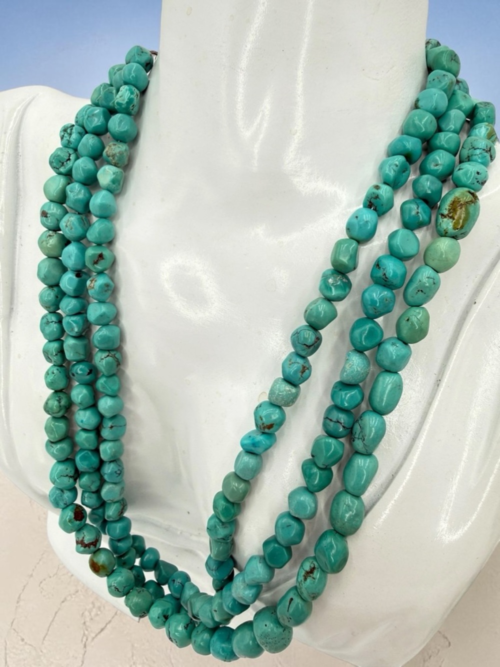 Artisan 4 Strand Turquoise Nugget Necklace 16” Silver Plate Toggle 77g Statement